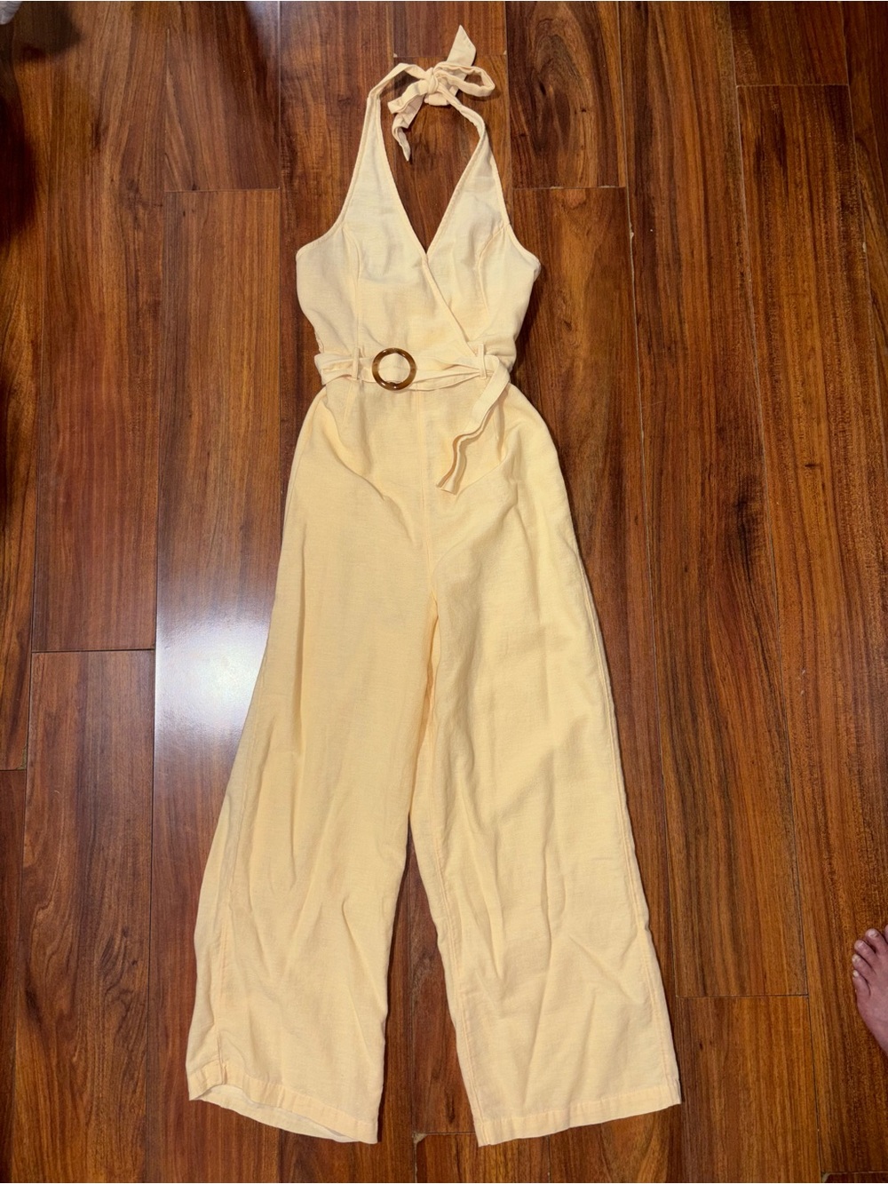 American Eagle Outfitters Pale Yellow Halter Wide-Leg Jumpsuit with Belt